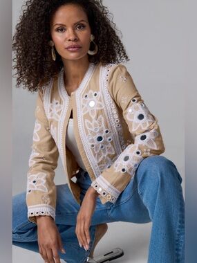 Boston Proper Beige Embroidered/Embellished Jacket with White Lace Accents